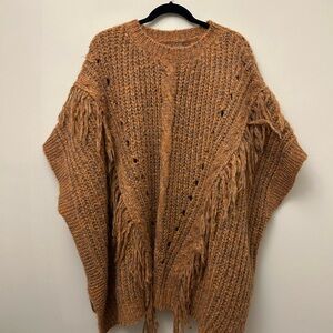 Anthropologie Burnt Orange Fringe Knit Poncho